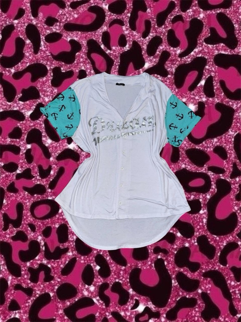 White Button-Front Women's Top with Aqua Anchor Sleeves